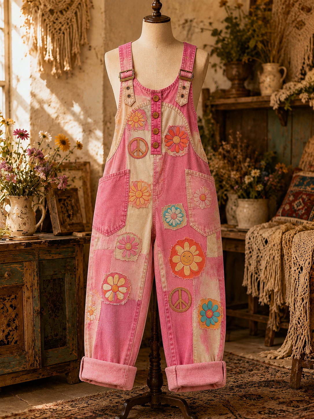 Women's Retro Style Art Print Washed Cotton Denim Patchwork Jumpsuit