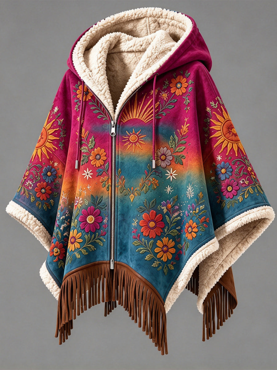 Women's Fall Winter Vintage Art Fleece-Lined Hooded Fringe Poncho