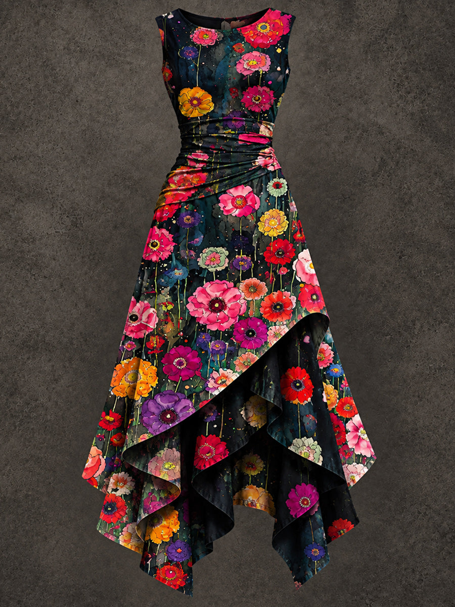 Retro Art Printed Vintage Sleeveless Irregularly Layered Stitched Midi Dress