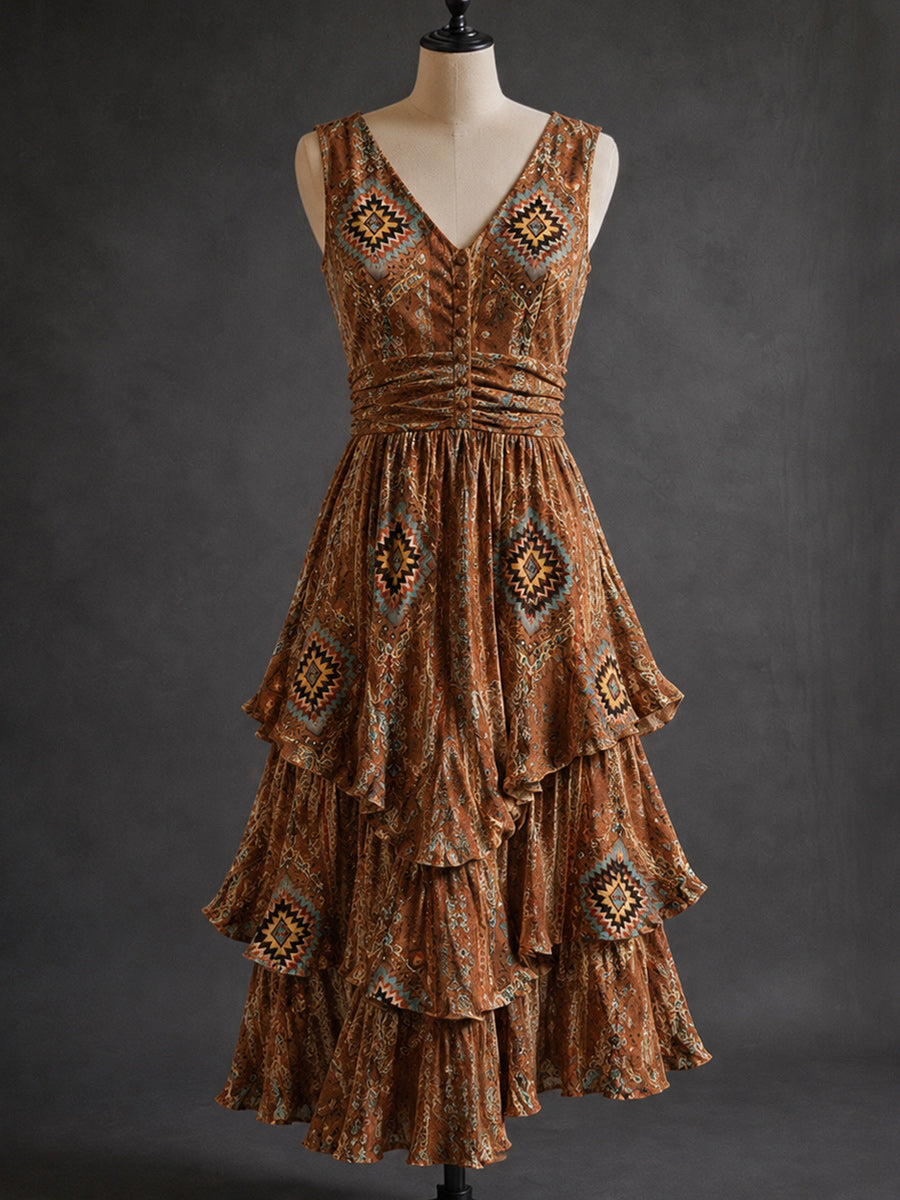 Retro Art Print Vintage V-Neck Button Up Midi Dress