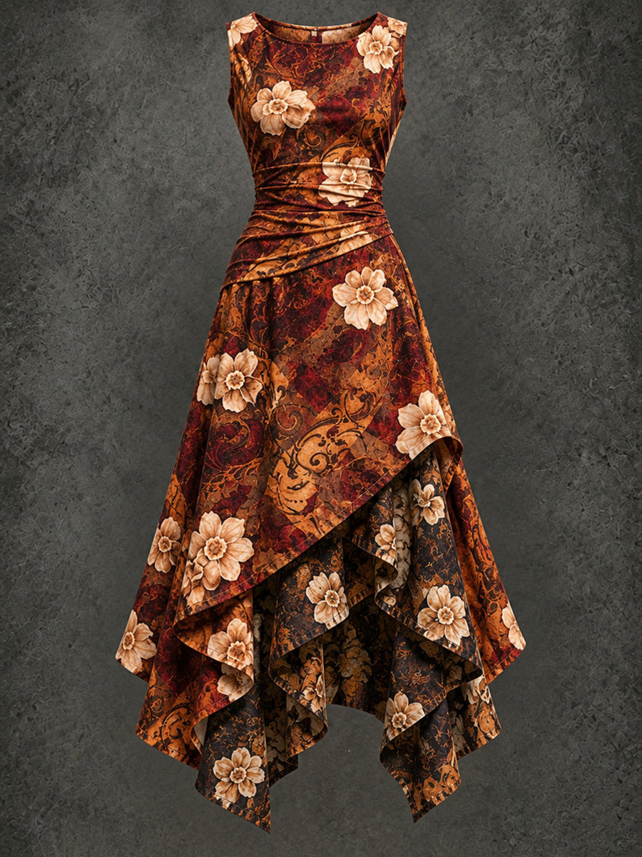 Retro Art Printed Vintage Sleeveless Irregularly Layered Stitched Midi Dress