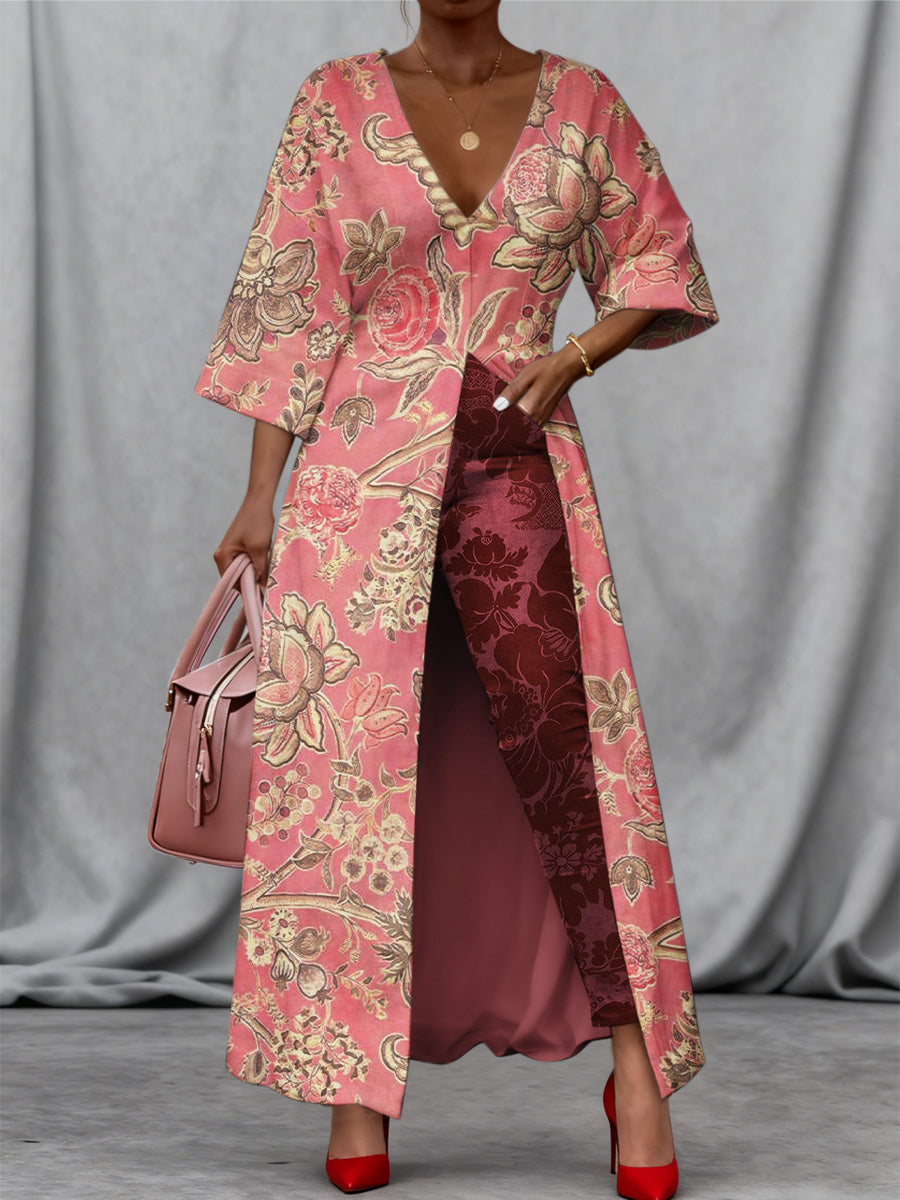 Retro Boho Floral Art Print Vintage Long Split Shirts Dress Skinny Pants Two-Piece Set