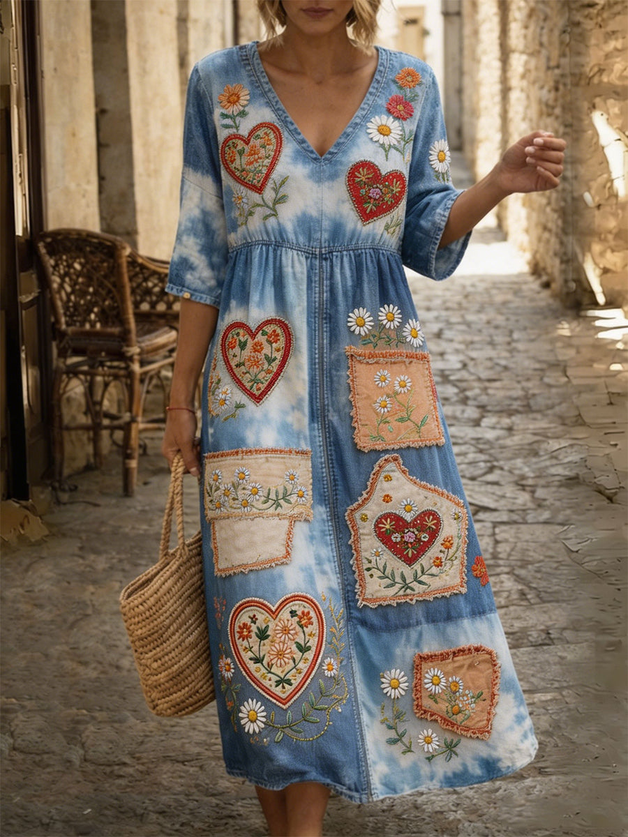 Women's Retro Hippy Art Print Washed Cotton Lace Patchwork Midi Dress