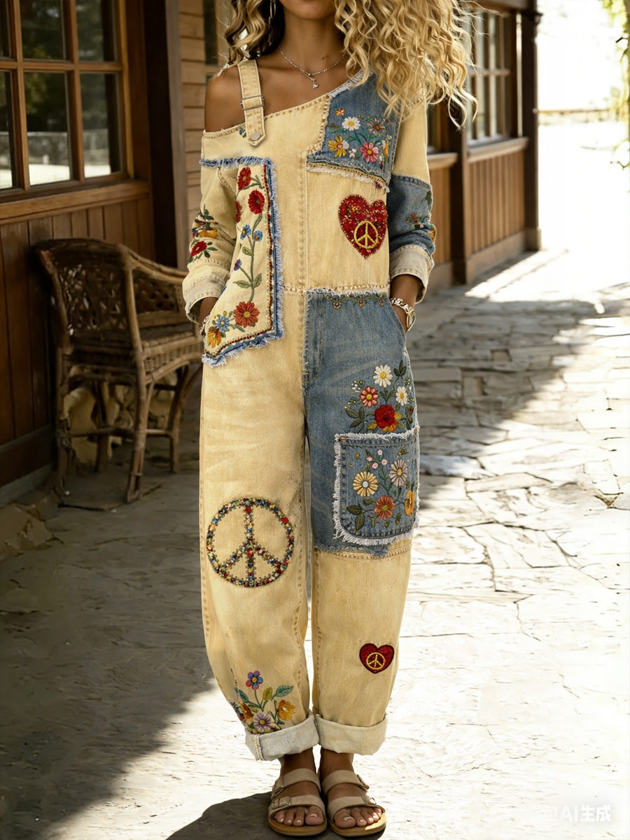 Women's Retro Floral Color-Blocked Art Print Washed Cotton Denim Patchwork Jumpsuit