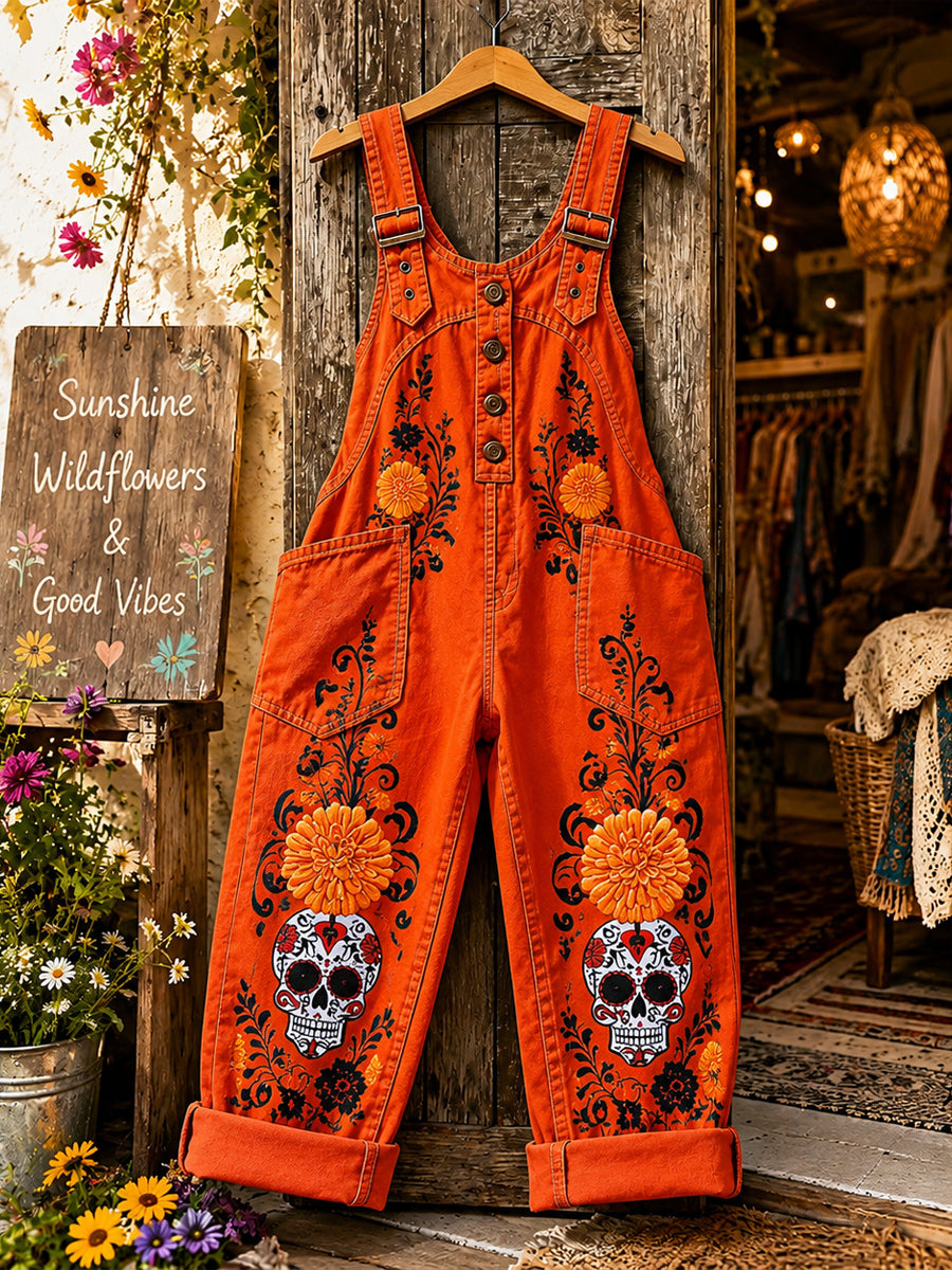 Women's Retro Style Art Print Washed Cotton Denim Patchwork Jumpsuit