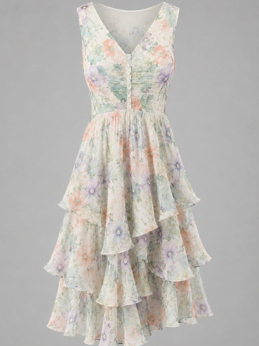 Floral Art Printed Vintage V-Neck Sleeveless Midi Dress