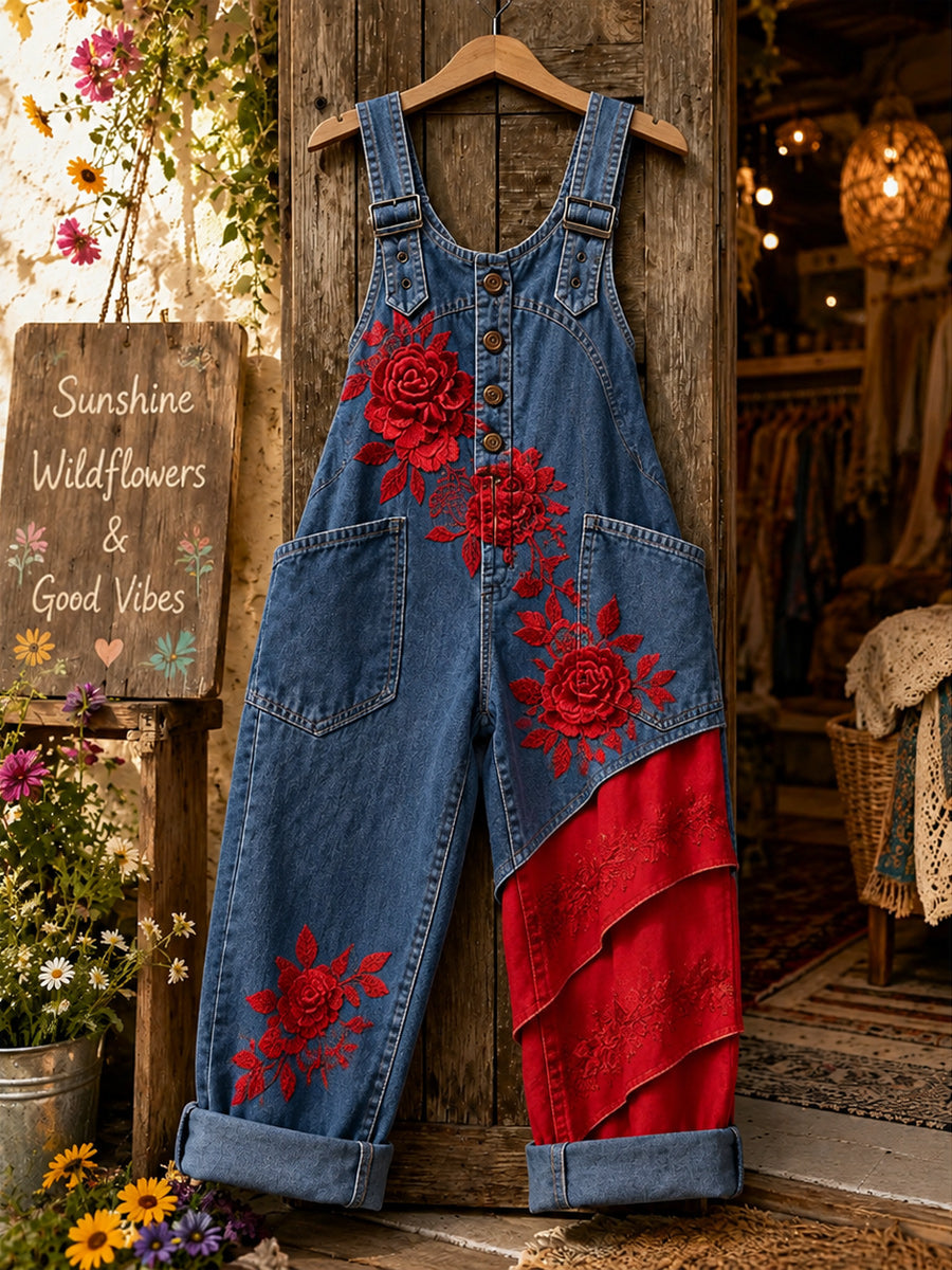 Women's Retro Style Art Print Washed Cotton Denim Patchwork Jumpsuit