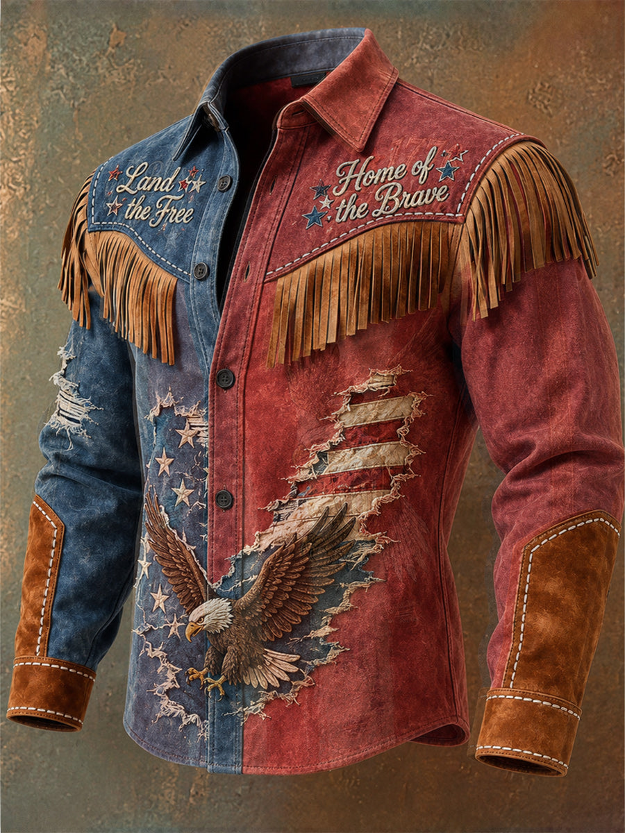 Men's Retro USA Old Glory Art Print Western Vintage Tassel Casual Long Sleeve Shirt