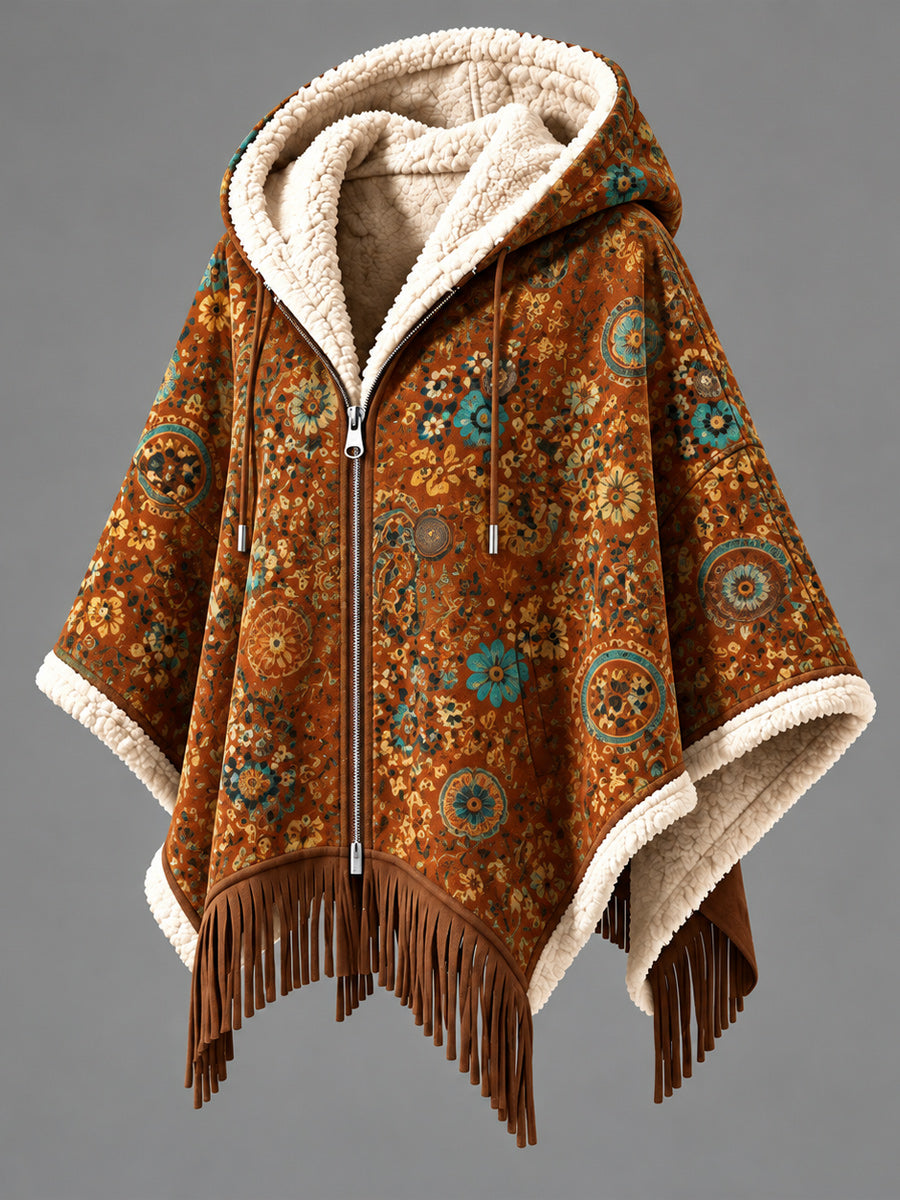 Women's Fall Winter Vintage Art Fleece-Lined Hooded Fringe Poncho