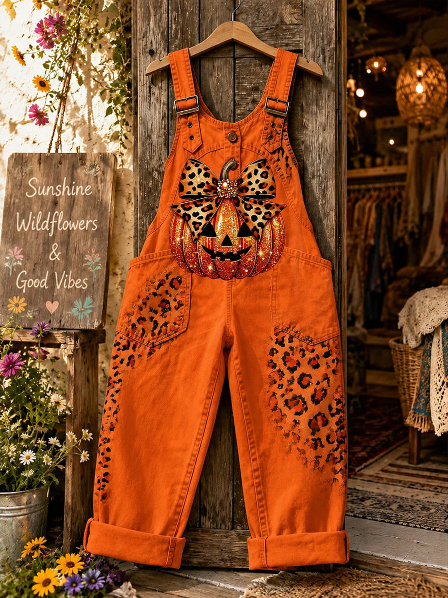 Women's Retro Style Art Print Washed Cotton Denim Patchwork Jumpsuit