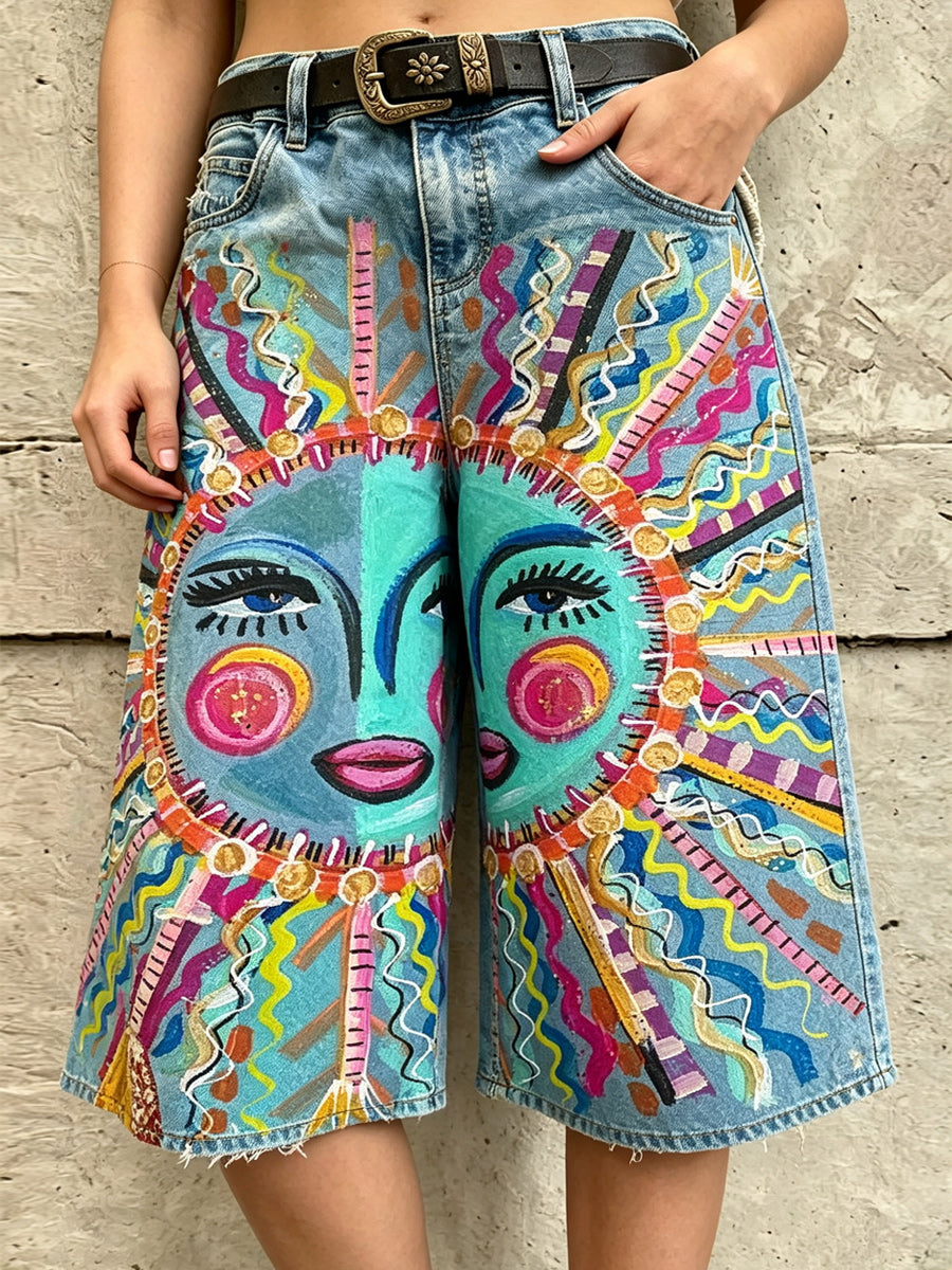 Retro Style Art Print Vintage Casual Denim Fifth Pants