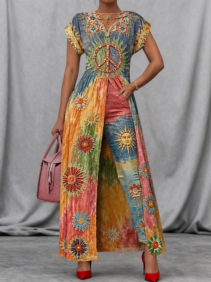 Retro Style Art Print Vintage Long Split Shirts Dress Skinny Pants Two-Piece Set