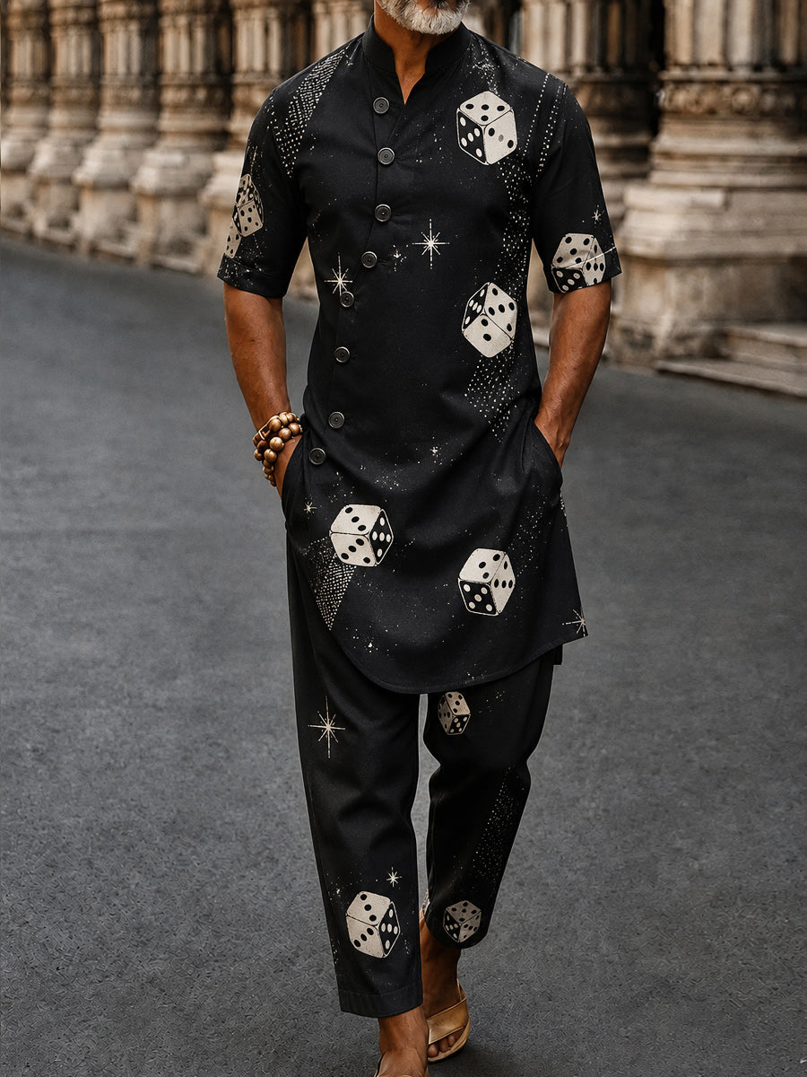 Men's Poker Card Art Casual Vacation Cotton Shirt Set