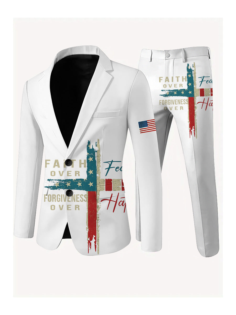 Men's Freedom American Flag Print Casual Jacket Trousers Two-Piece Suits