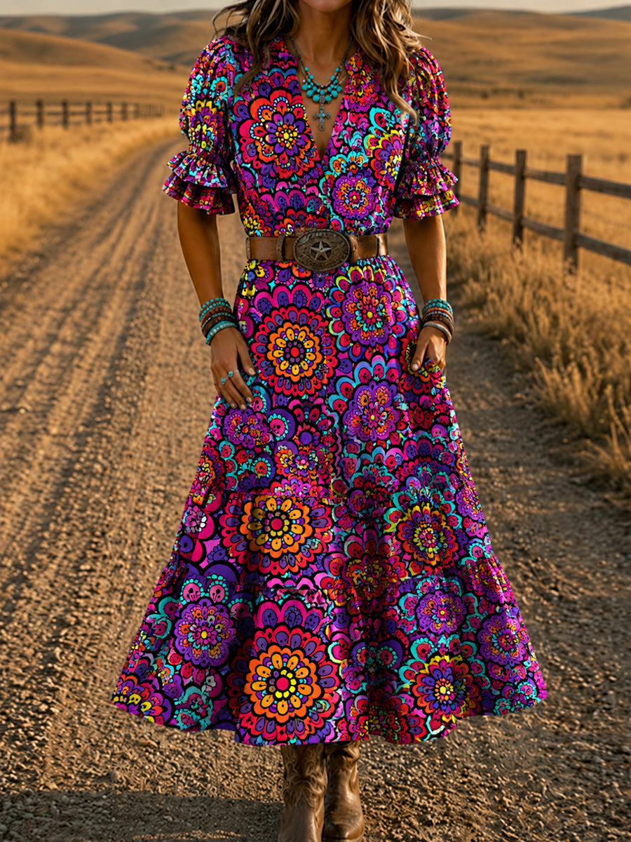 Women's Retro Art Print Washed Cotton Layered Patchwork Midi Dress