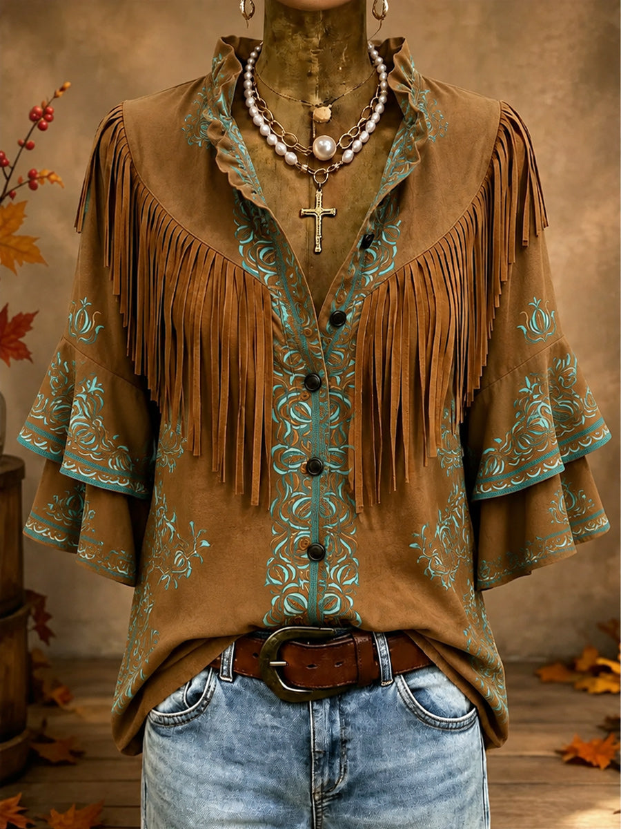 Vintage Ruffle Neck Button Up Tassel Design Suede Top