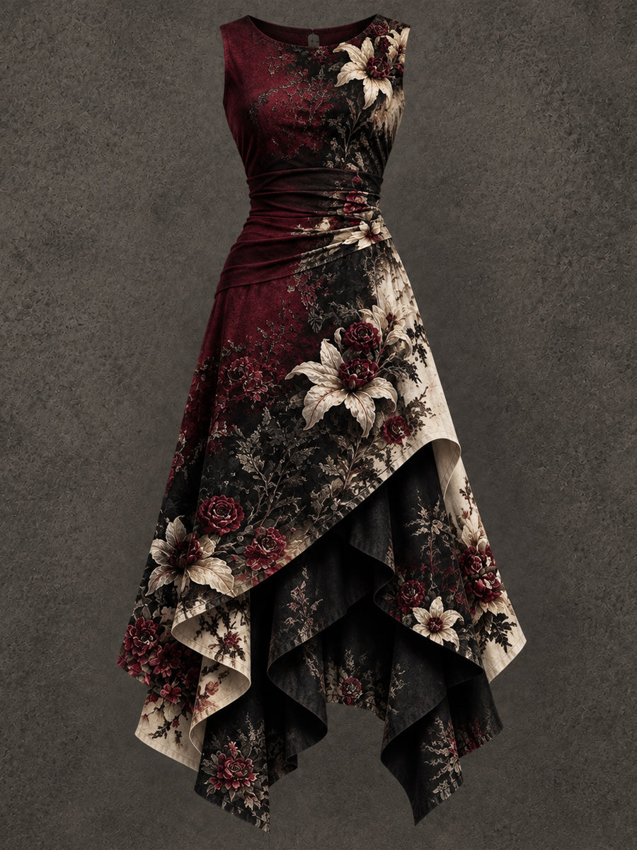 Retro Art Printed Vintage Sleeveless Irregularly Layered Stitched Midi Dress