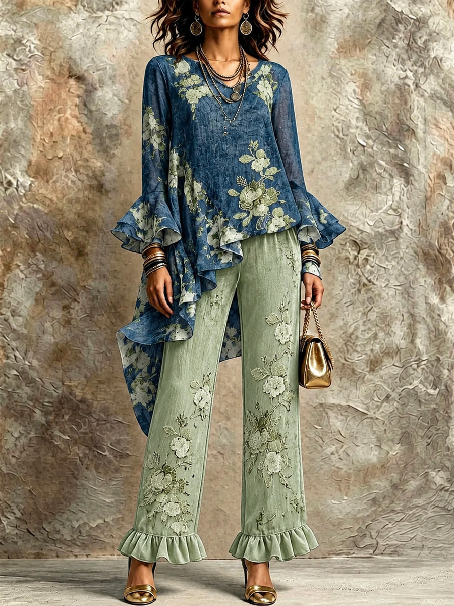Retro Style Art Printed Wave-Shaped Irregular Oblique Long-Sleeved Top And Pants Set