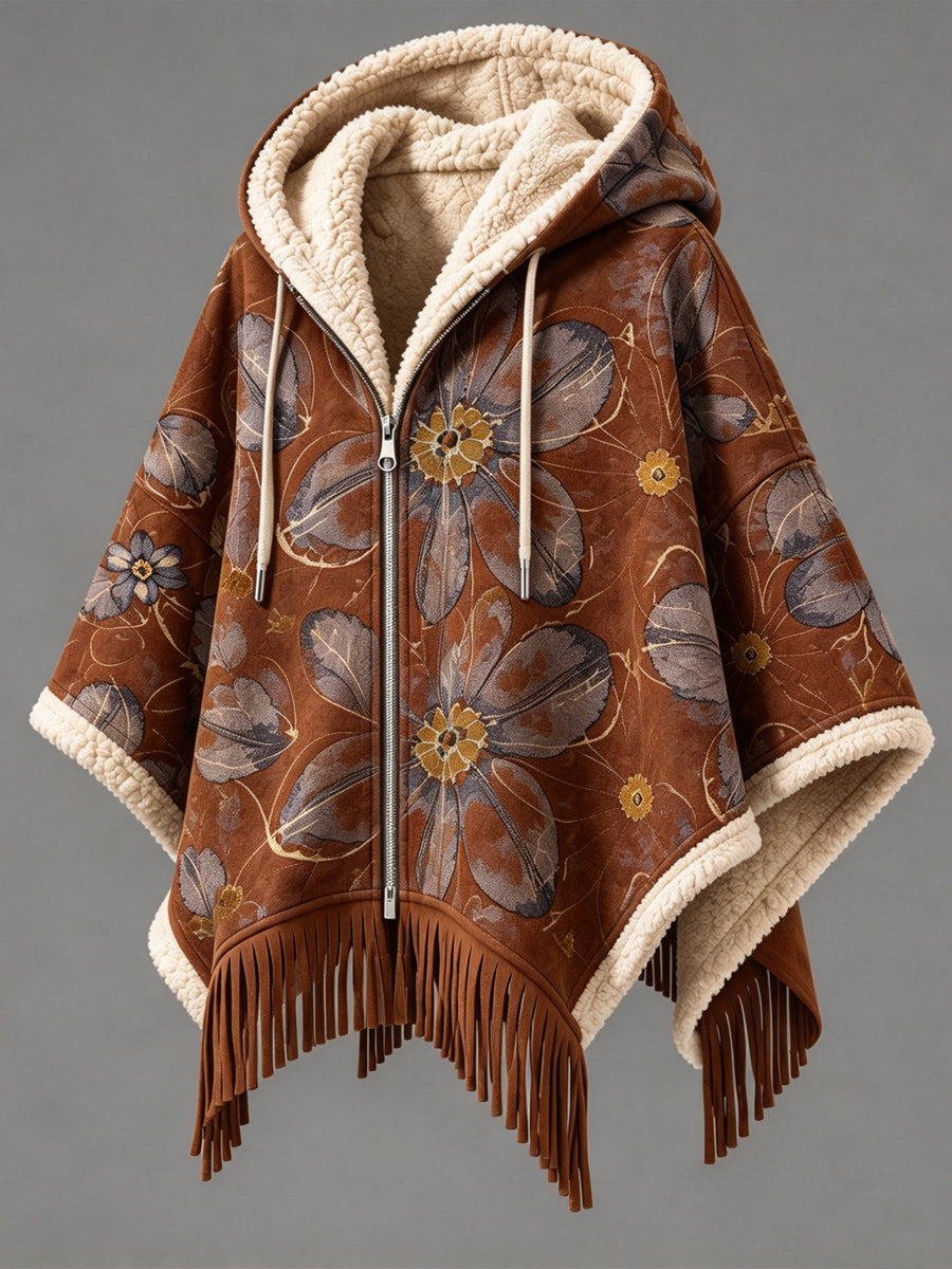 Women's Fall Winter Vintage Art Fleece-Lined Hooded Fringe Poncho