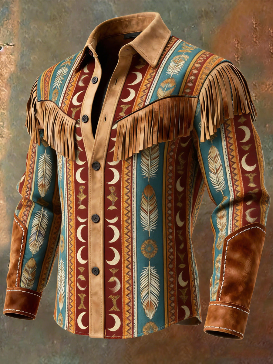 Men's Retro Western Style Art Print Vintage Tassel Casual Long Sleeve Shirt