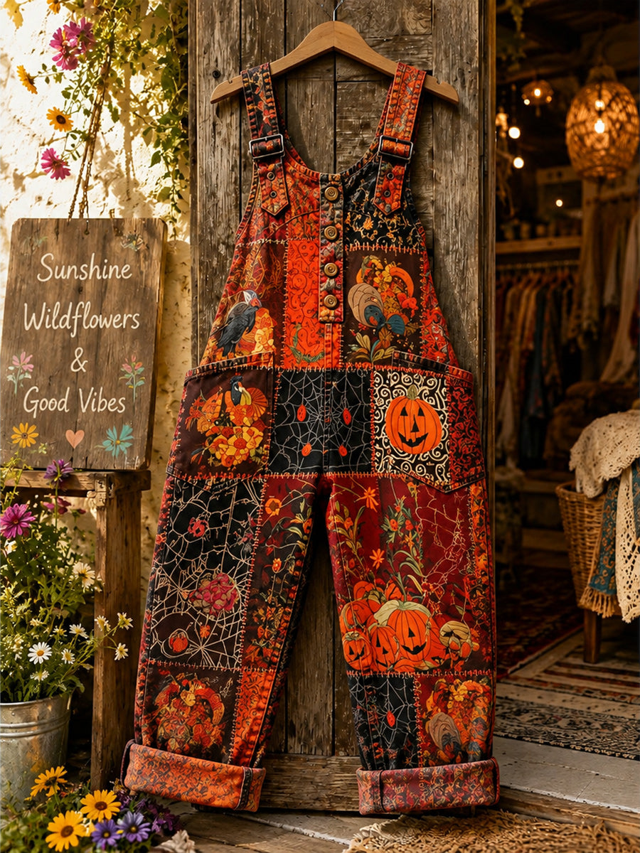 Women's Retro Style Art Print Washed Cotton Denim Patchwork Jumpsuit