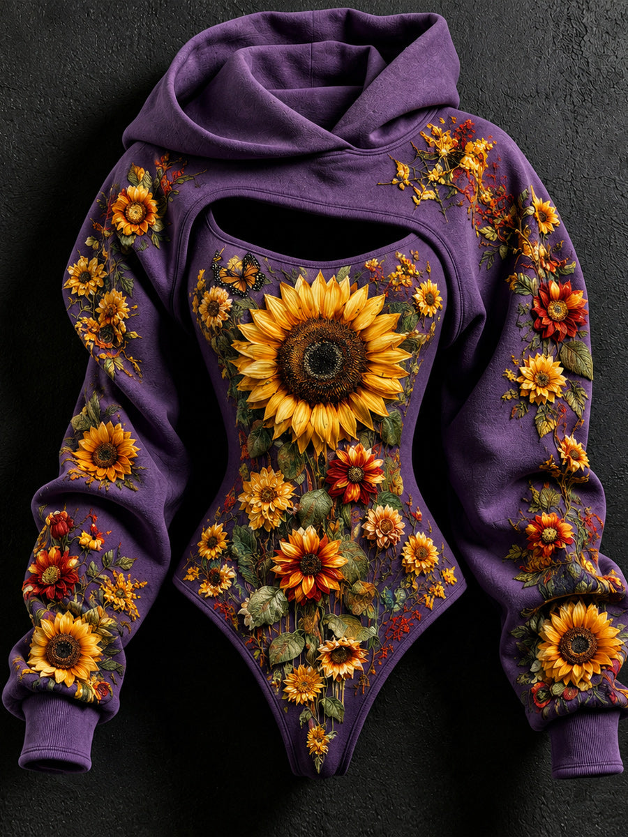 Women's Vintage Art Stretch Bodysuit Hooded Sweatshirt Two-Piece Set