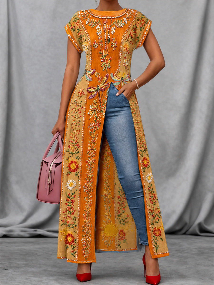Retro Style Art Print Vintage Long Split Shirts Dress Skinny Pants Two-Piece Set