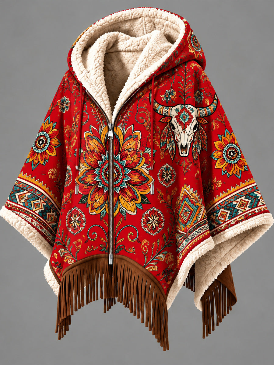 Women's Fall Winter Vintage Art Fleece-Lined Hooded Fringe Poncho