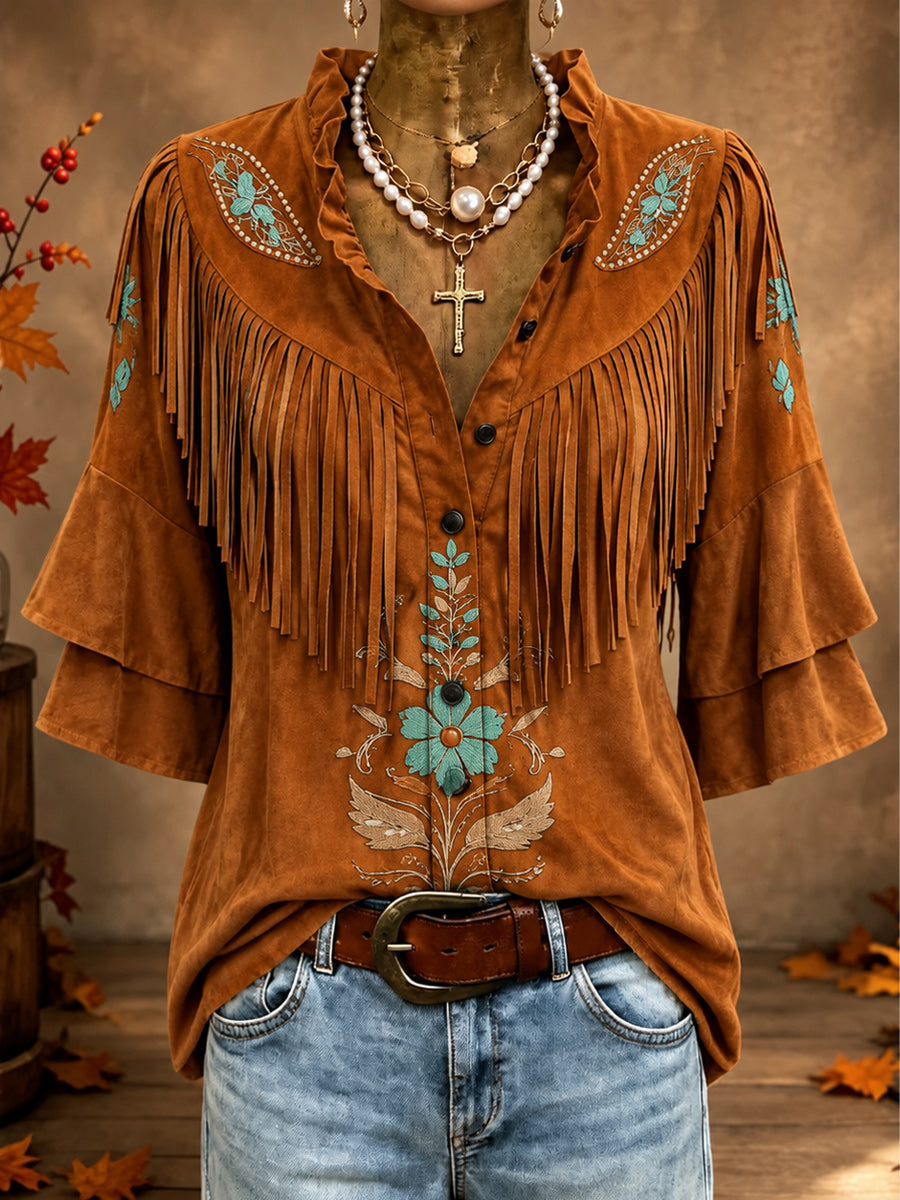 Vintage Ruffle Neck Button Up Tassel Design Suede Top