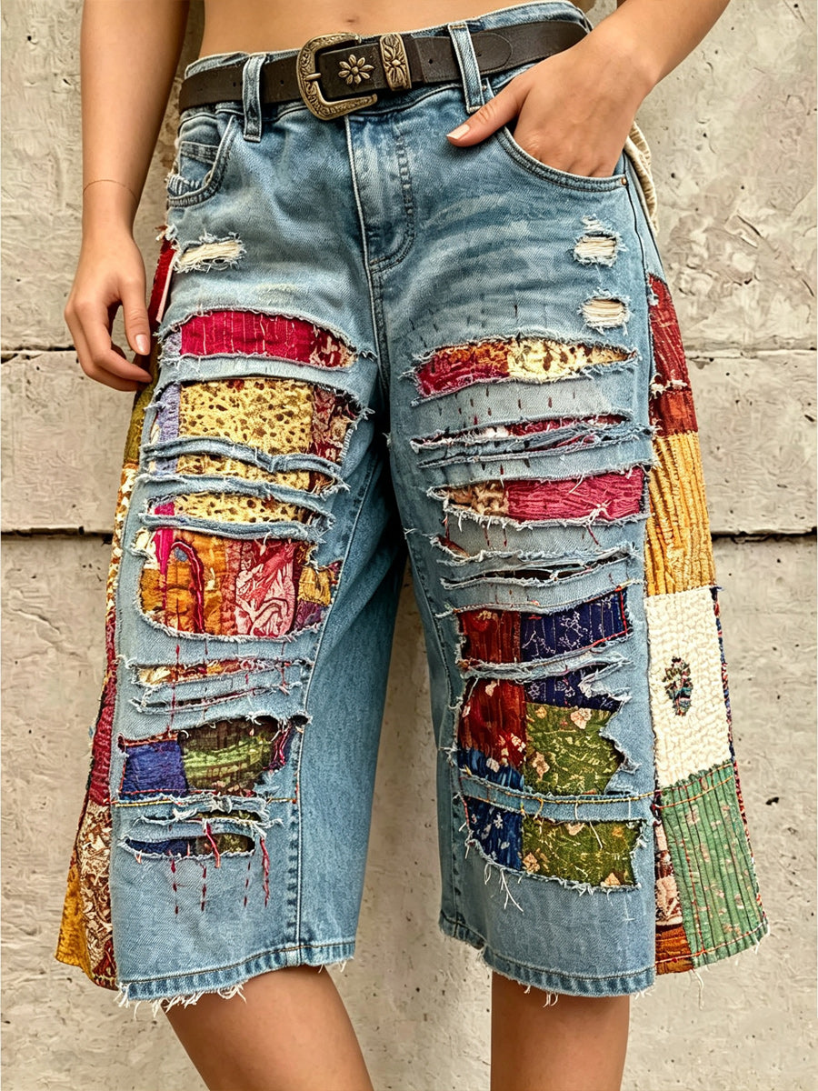 Retro Style Art Print Vintage Casual Denim Fifth Pants