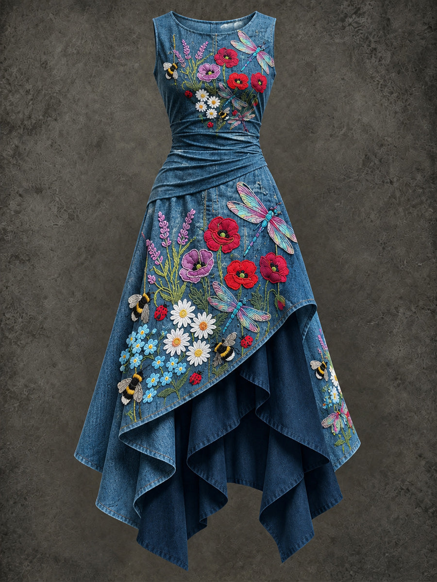 Retro Art Printed Vintage Sleeveless Irregularly Layered Stitched Midi Dress