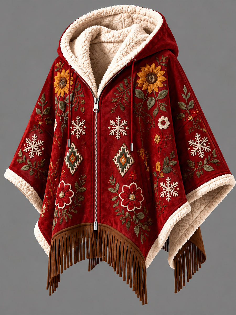 Women's Fall Winter Vintage Art Fleece-Lined Hooded Fringe Poncho