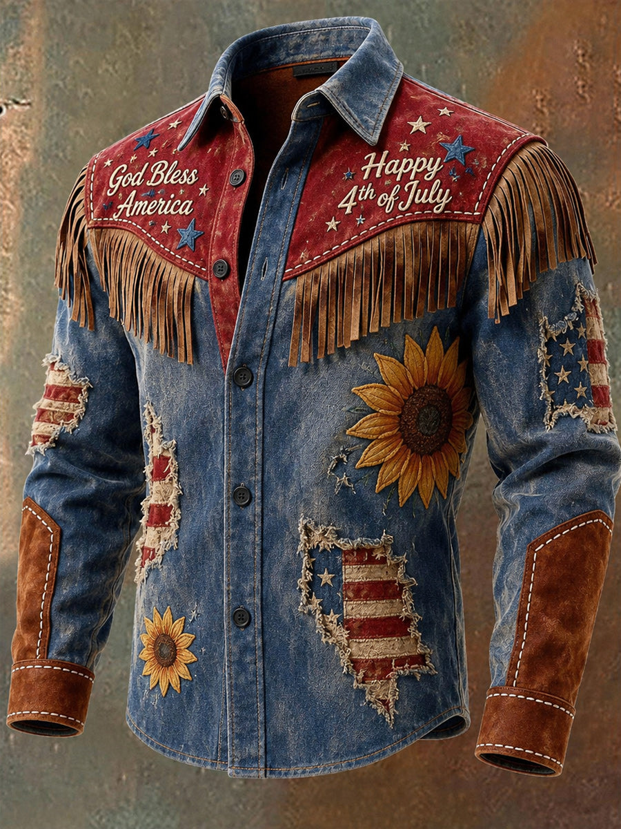 Men's Retro USA Old Glory Art Print Western Vintage Tassel Casual Long Sleeve Shirt
