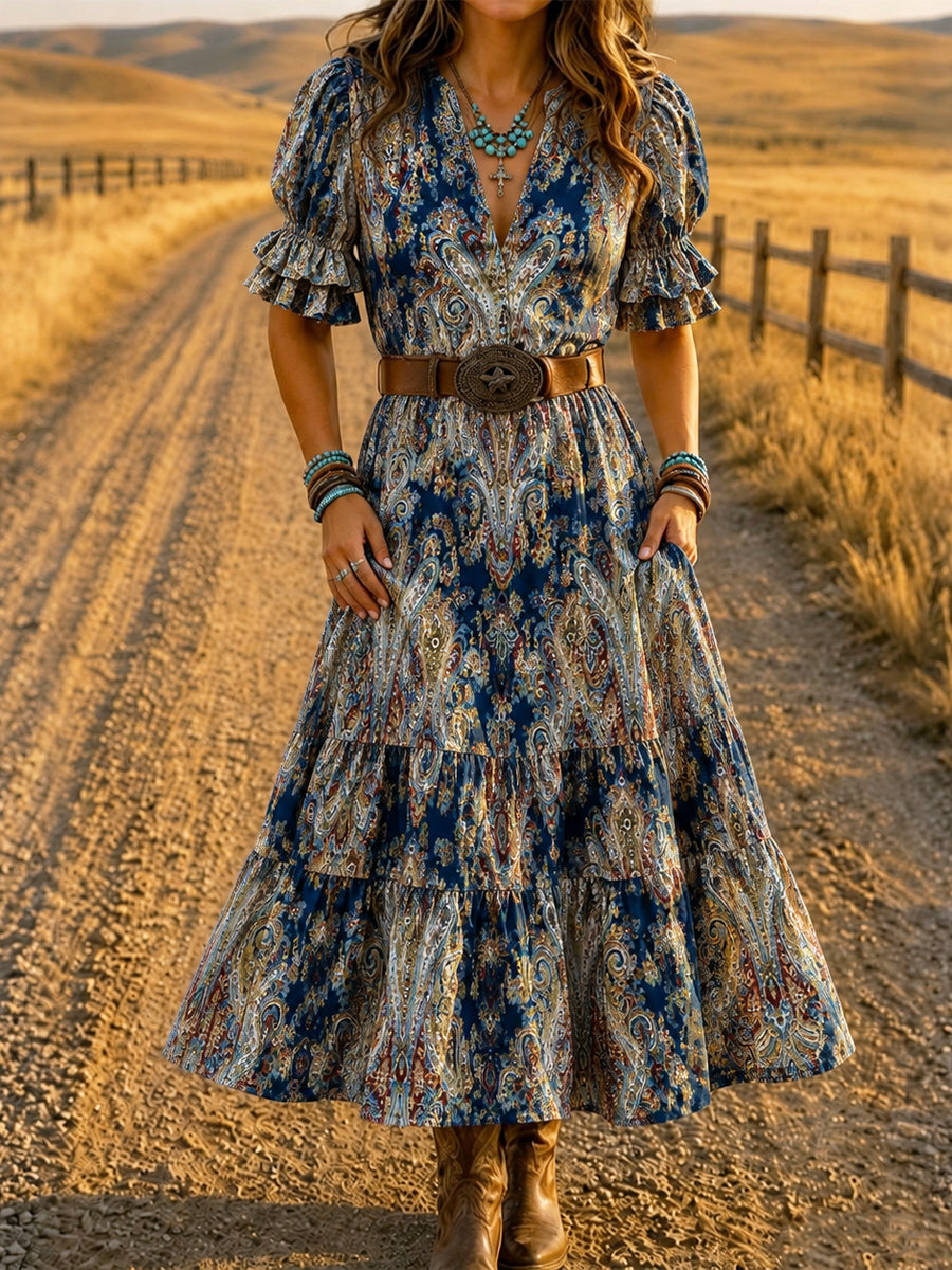 Women's Retro Art Print Washed Cotton Lace Patchwork Midi Dress