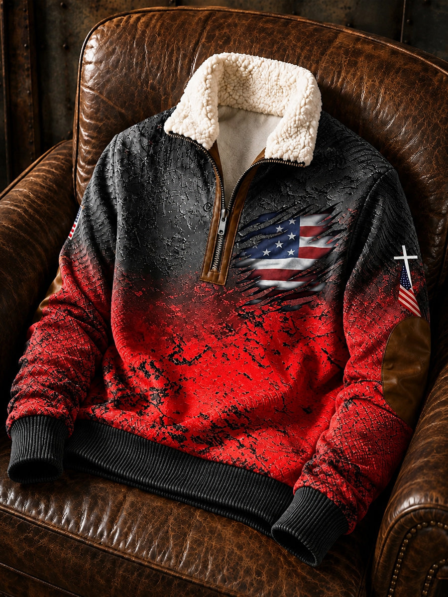 Men's Retro Style Art Print Jacquard Fabric Zipper Fur Collar Long Sleeve Sweatshirt