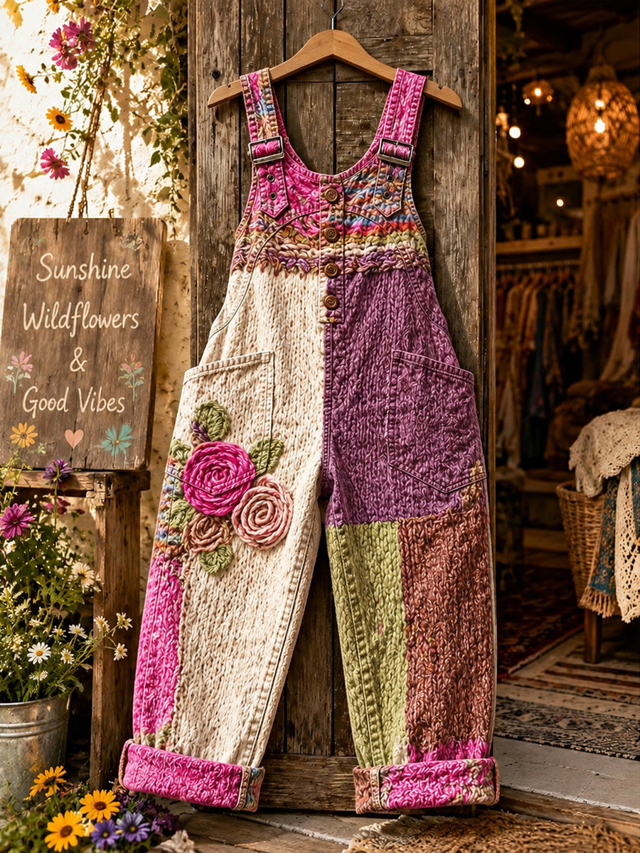 Women's Retro Autumn Style Art Print Washed Cotton Denim Patchwork Jumpsuit