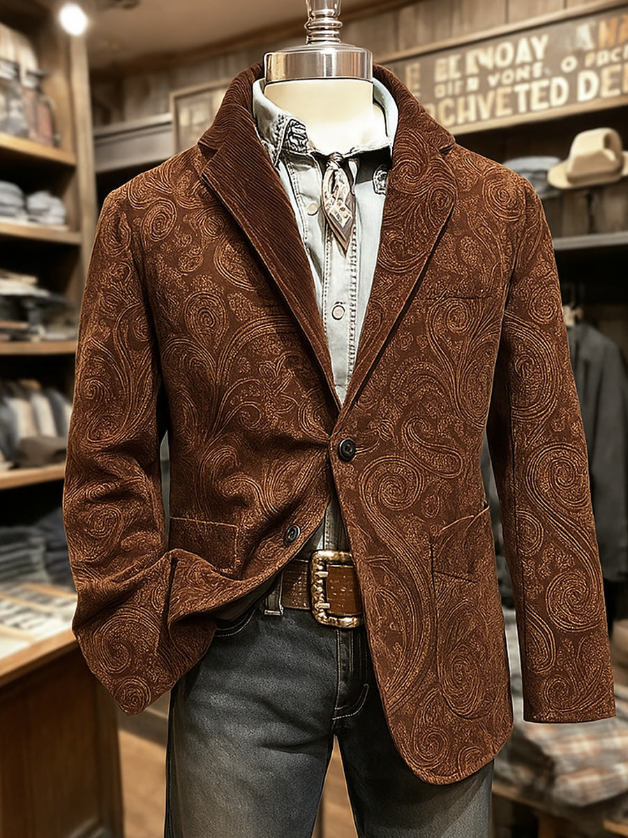 Men's Retro Western Art Print Casual Pocket Blazers