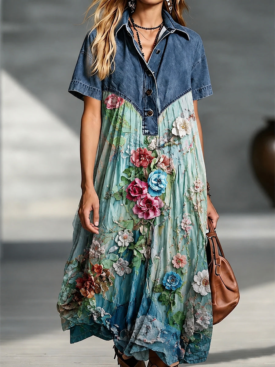 Denim Spliced Gradient Floral Shirt Maxi Dress