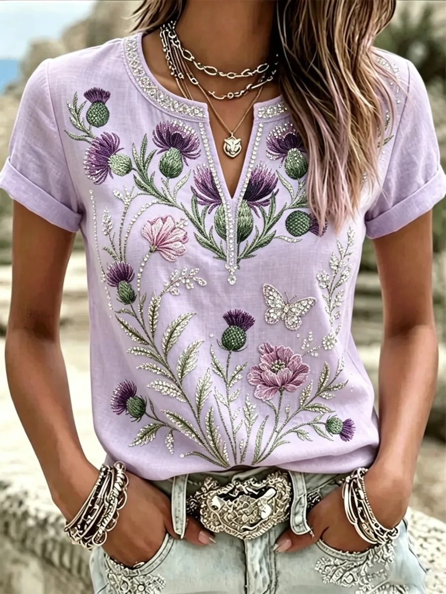 Women's Linen-Cotton Floral Casual Top