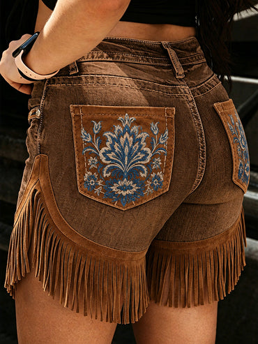 Women's Retro Floral Art Print Casual Leather Fringe Patchwork Pocket Shorts