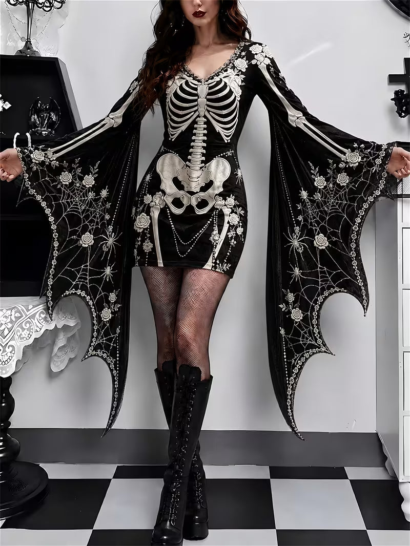 Skeleton Art Print Casual Long Sleeve Midi Dress