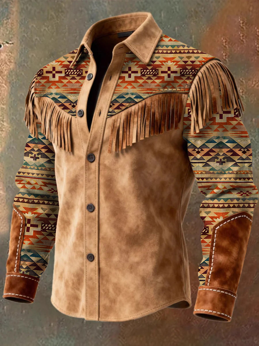 Men's Retro Western Style Art Print Vintage Tassel Casual Long Sleeve Shirt