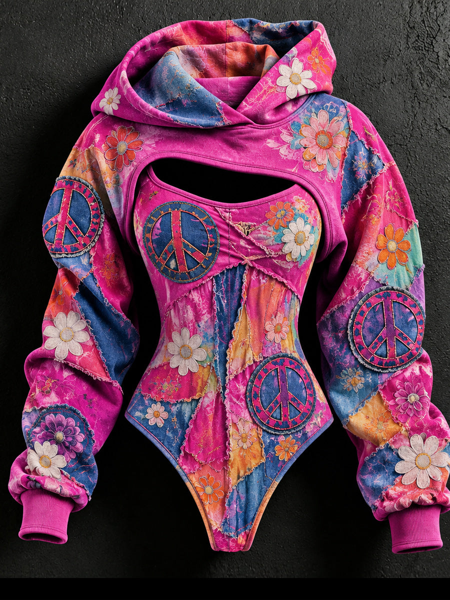 Women's Vintage Art Stretch Bodysuit Hooded Sweatshirt Two-Piece Set