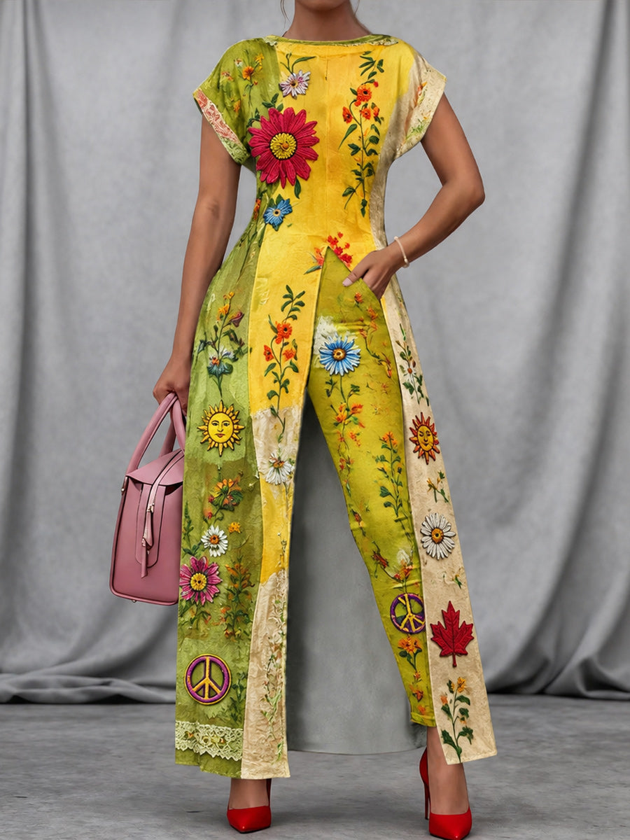 Retro Style Art Print Vintage Long Split Shirts Dress Skinny Pants Two-Piece Set