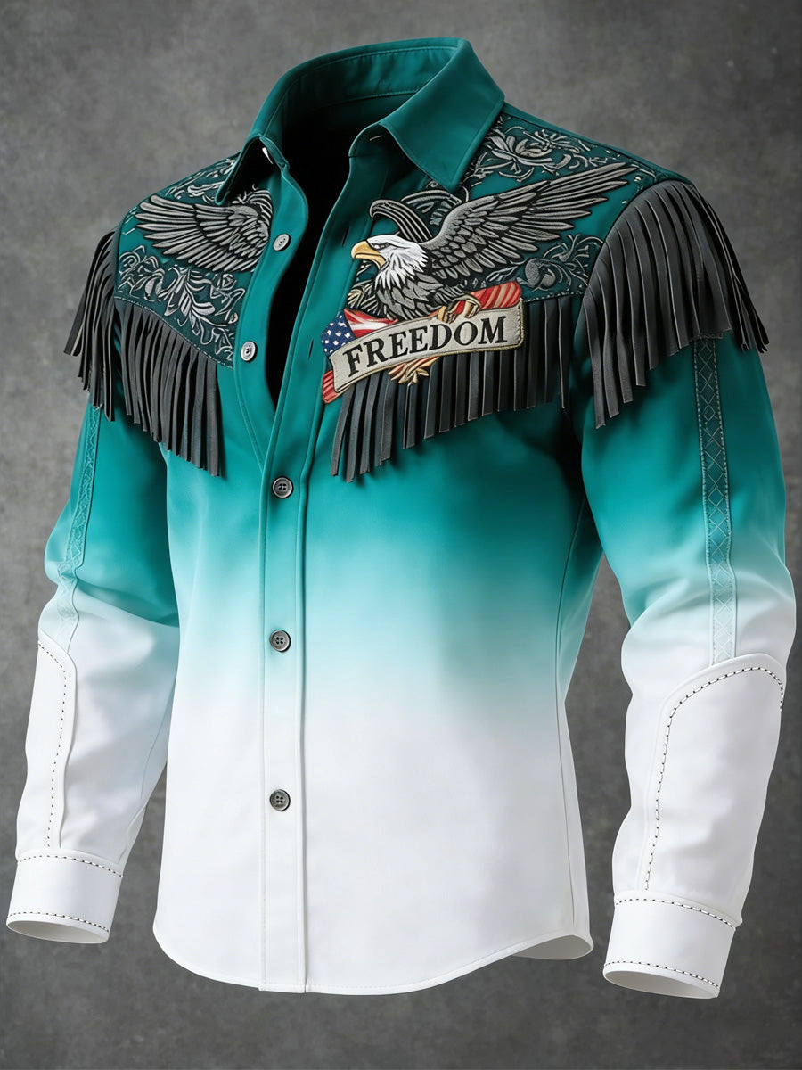 Men's Retro Western USA Flag Business Style Art Print Vintage Tassel Casual Long Sleeve Shirt