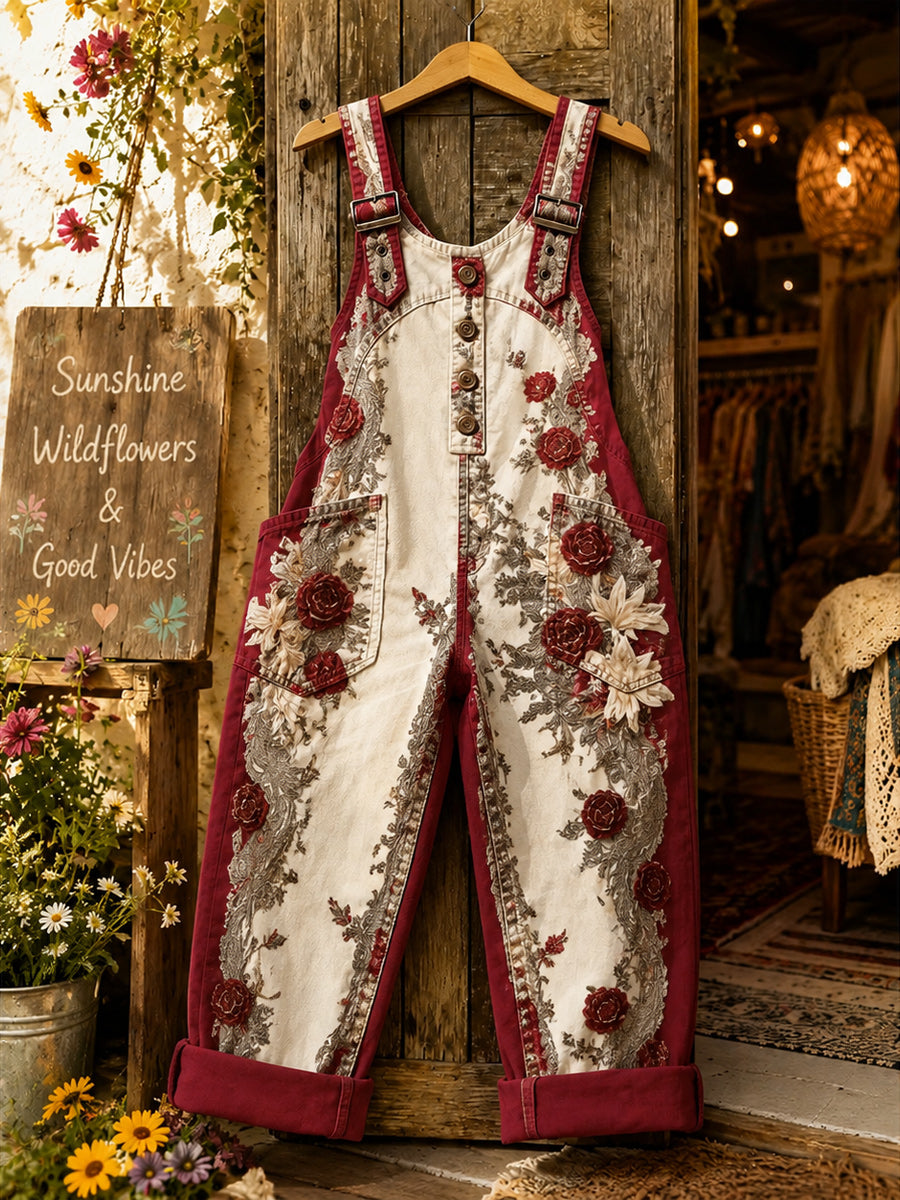 Women's Retro Style Art Print Washed Cotton Denim Patchwork Jumpsuit