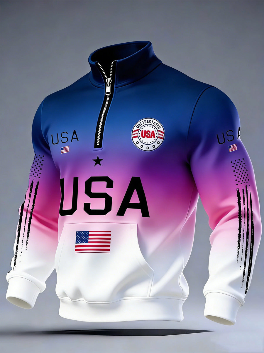 USA Flag Art Print Long Sleeve Zipper Sweatshirt