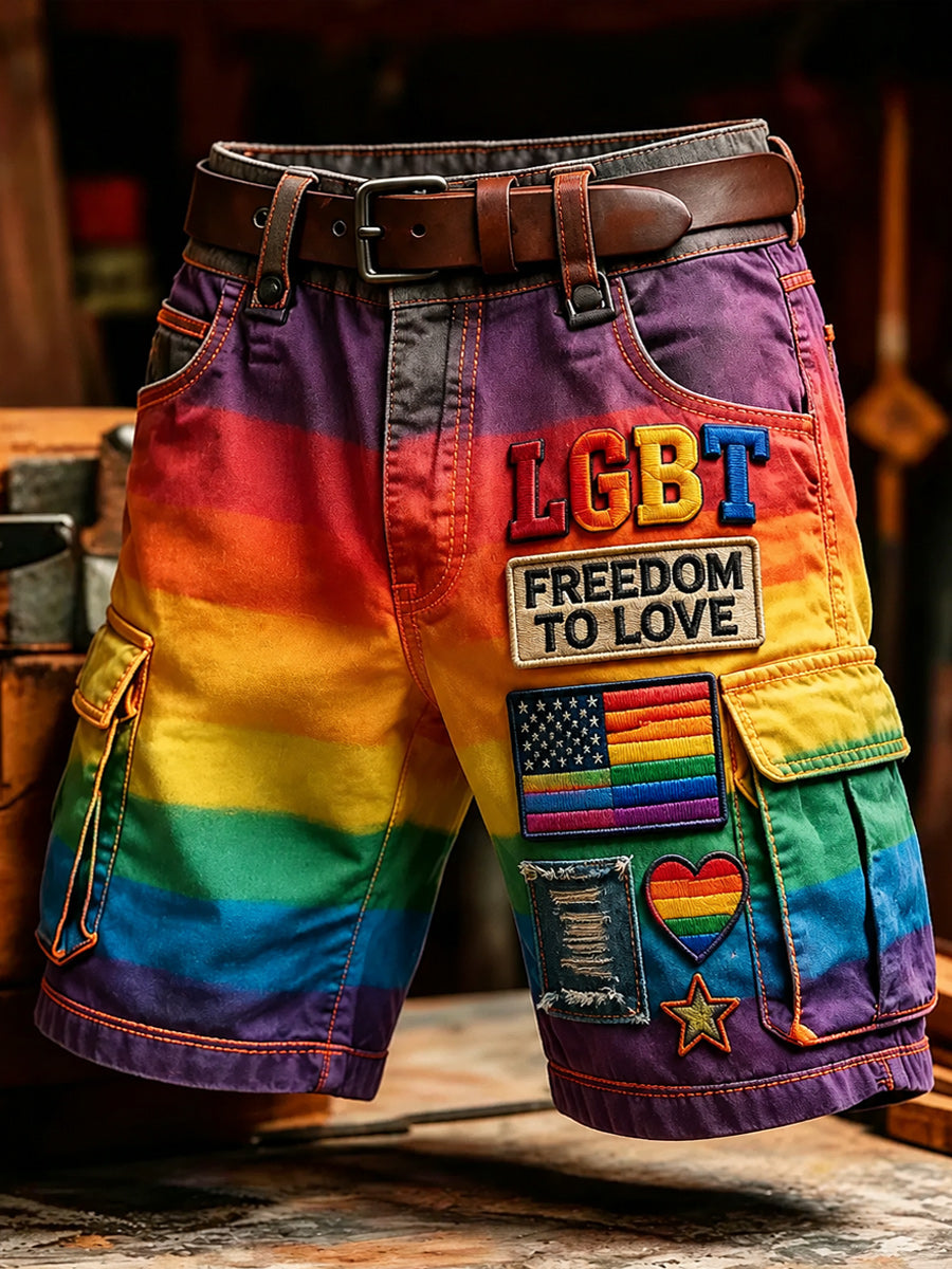 Men's Retro Pride Month Rainbow Art Print Casual Loose Pocket Work Shorts