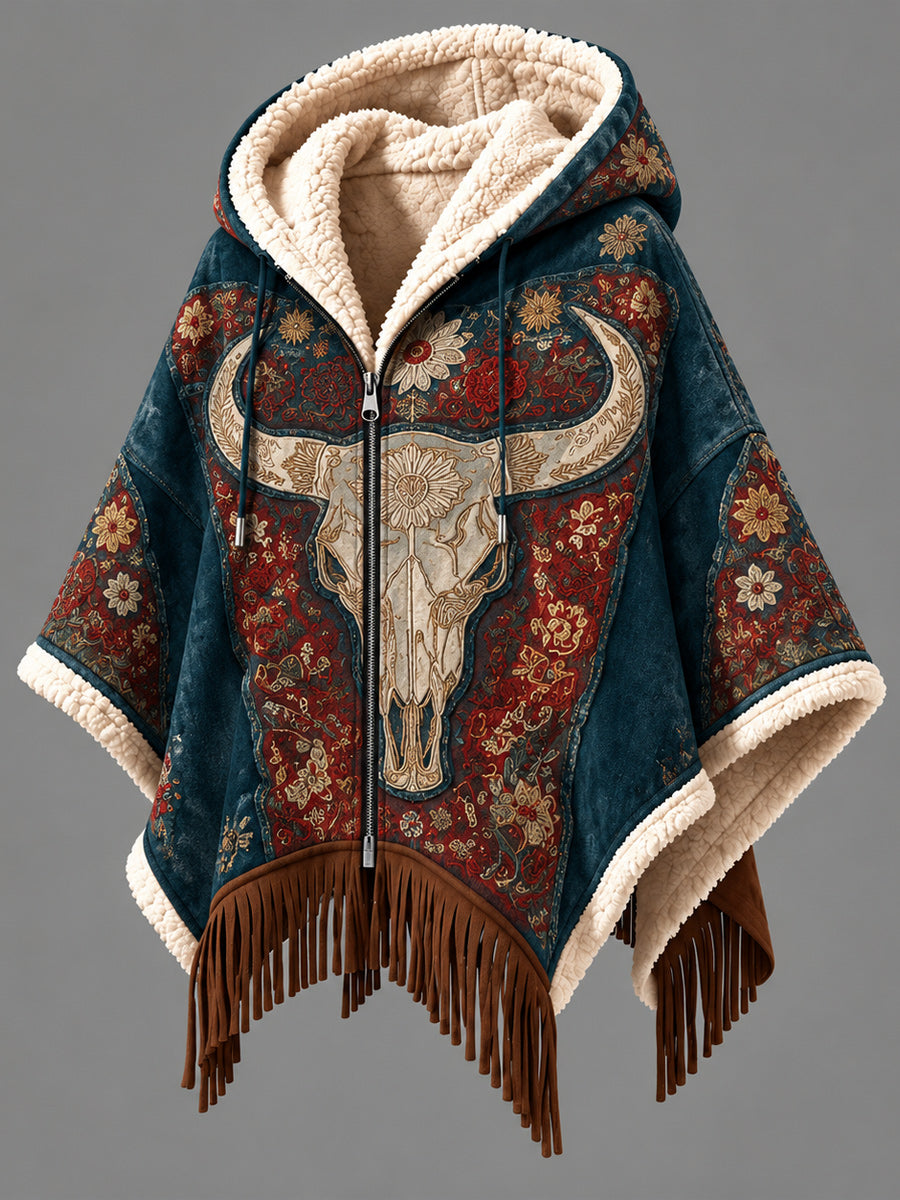 Women's Fall Winter Vintage Art Fleece-Lined Hooded Fringe Poncho