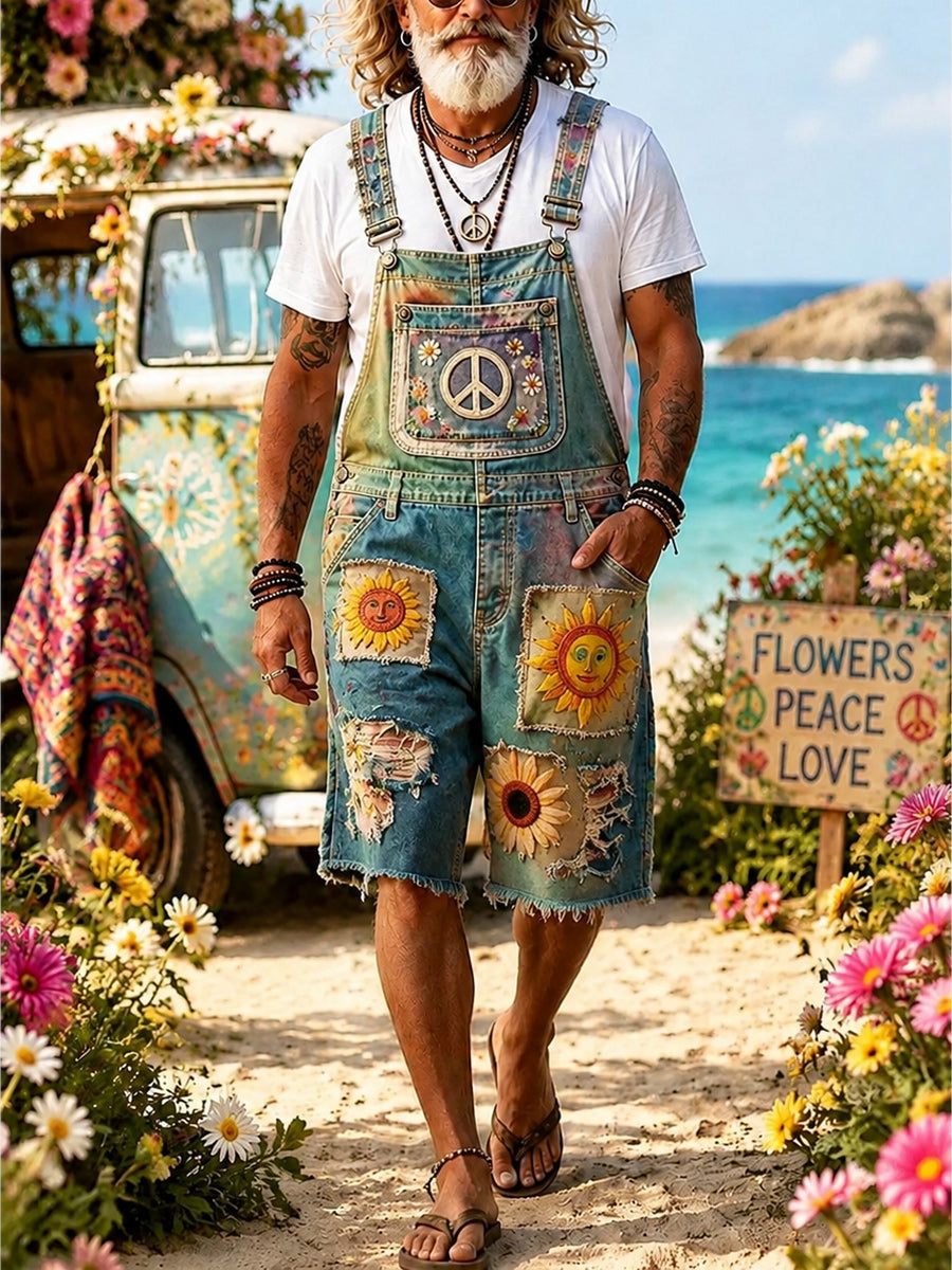 Men's Retro Style Print Washed Cotton Denim Patchwork Jumpsuit